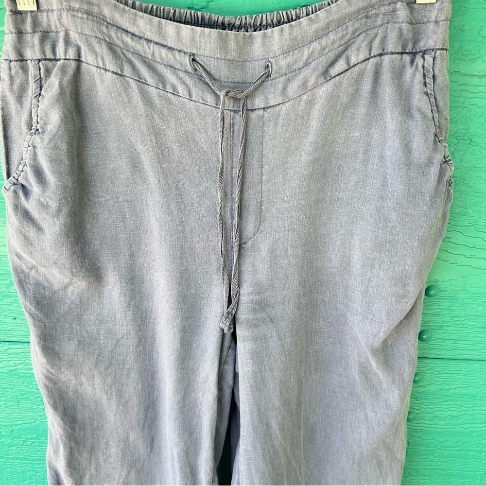 100% LINEN BLUE CHAMBRAY PULL ON DRAWSTRING WIDE LEG PANTS SIZE MEDIUM - Picture 4 of 5
